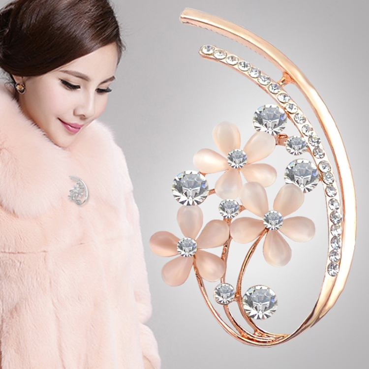 

2 PCS Women Five-leaf Flower Cat Eye Rhinestone Brooches(Gold color)
