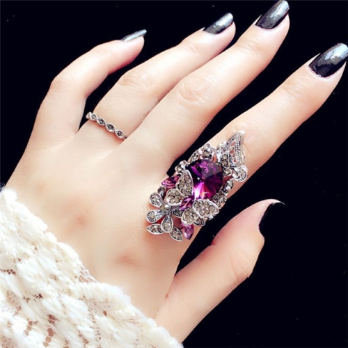 

2 PCS/Set Women Fashion Retro Palace Gemstone Crystal Butterfly Ring, Ring Size:17(Purple)