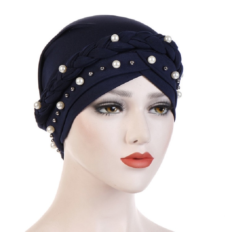 

Ladies Turban Cap Milk Silk Single Braid Cap Rivet White Pearl Hooded Cap, Size:58cm(Navy)