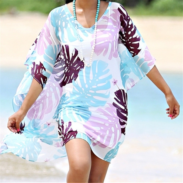 

Leaf print V-neck Bikini Blouse Beach Sunscreen Shirt Swimsuit Outside Hood Clothing Female One Size