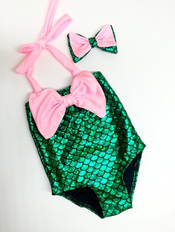 

5 PCS Baby Girls Mermaid Bikini Swimwear with Swimming Headband, Size:90(Pink)