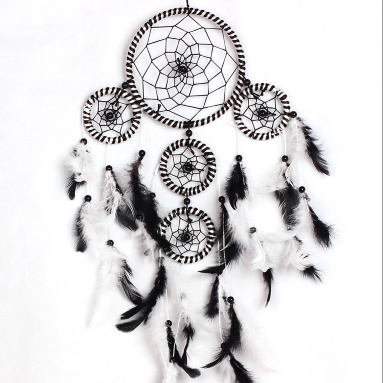 

Creative Weaving Crafts Black and White Satin Line 5 Ring Hollow Wind Chime Dream Catcher Wall Hanging Jewelry
