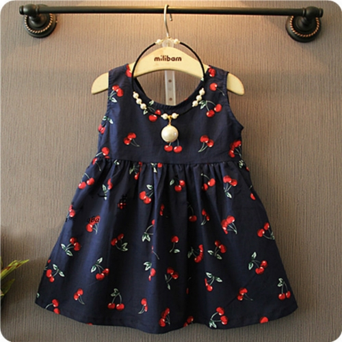 

Summer Girls Cherry Pattern Sleeveless Dress, Kid Size:120cm(Navy Blue)