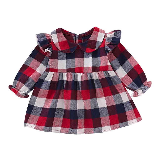 

Spring and Autumn Girls Doll Collar Long Sleeve Single Breasted Plaid Dress, Kid Size:70cm(Red)