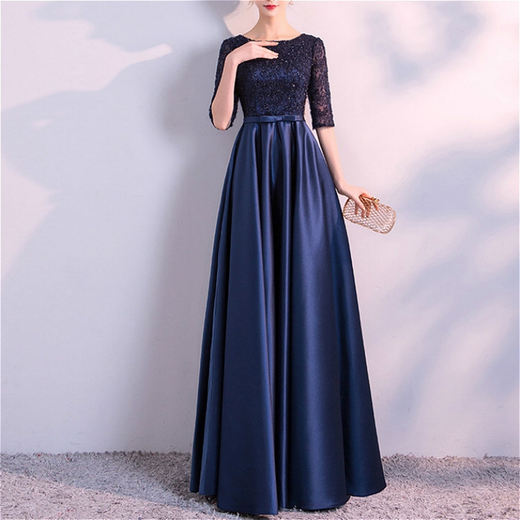 

Lace Embroidered Satin Short Sleeve Long Dress Evening Gown, Size:S(Navy)