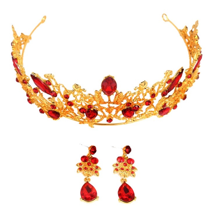 

Baroque Vintage Gold Red Crystal Bridal Jewelry Sets(Crown+ear ring have hole)