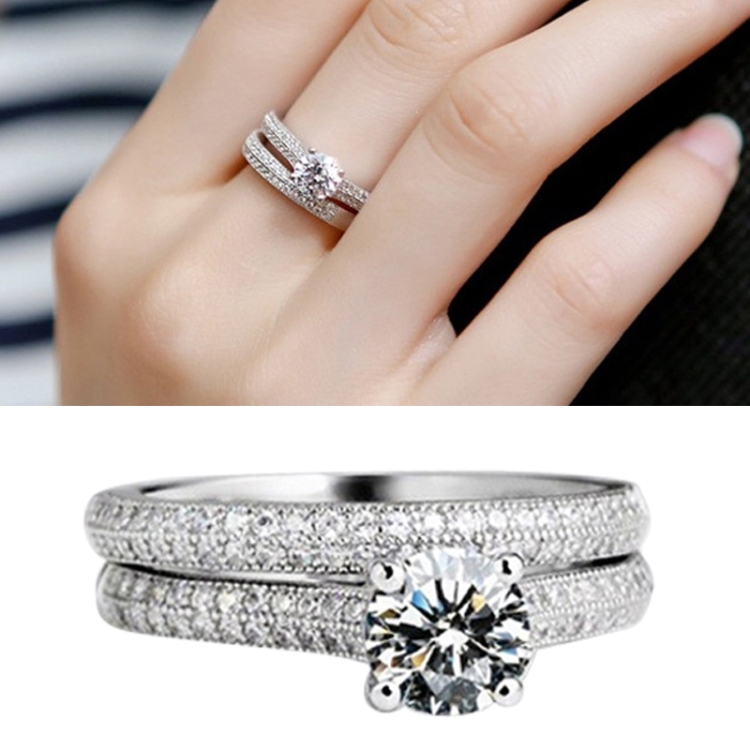 

Silver Double Zircon Wedding Rings Set, Ring Size:19
