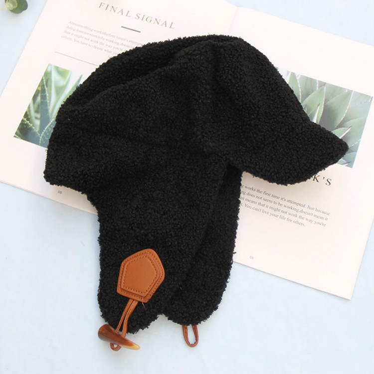 

Lambswool Warm Bomber Hat Peaked Cap Flight Cap, Size:M（56-58cm）(Black)