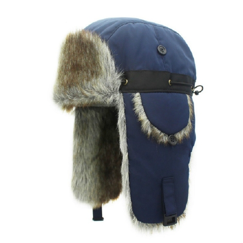 

Dark Blue Brown Fur Winter Outdoor Padded Adjustable Head Circumference Ski Hat Warm Ear Protected Cap Flight Hats