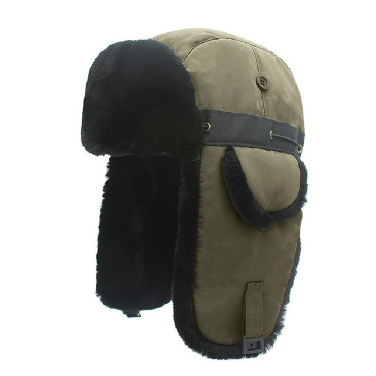 

Army Green Black Fur Winter Outdoor Padded Adjustable Head Circumference Ski Hat Warm Ear Protected Cap Flight Hats