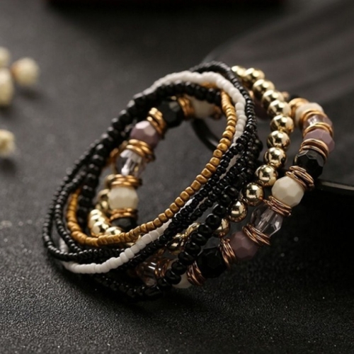 

Women Four Seasons Bohemian Multi-layer Beaded Elastic Bracelet(black)