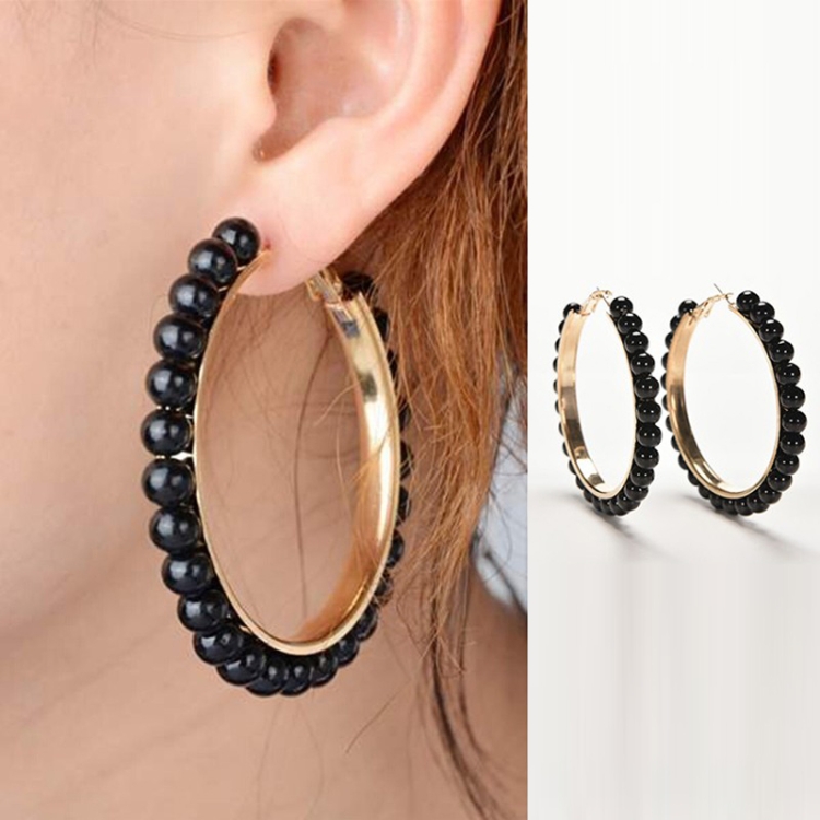 

1 Pair Girls Hoop Pearl Earring With Big Circle(Black)