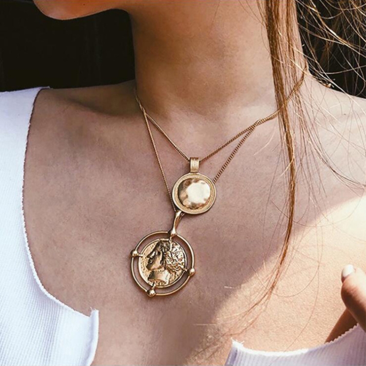 

Bohemian Female Double-Layer Necklace Retro Carved Coin Pendant Necklace Jewelry(Gold)