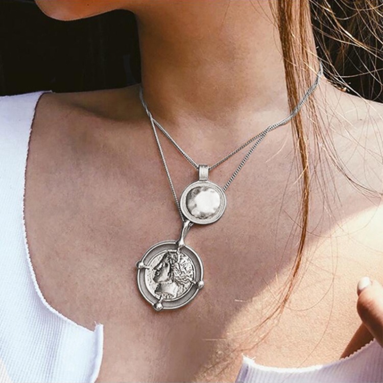

Bohemian Female Double-Layer Necklace Retro Carved Coin Pendant Necklace Jewelry(Silver)