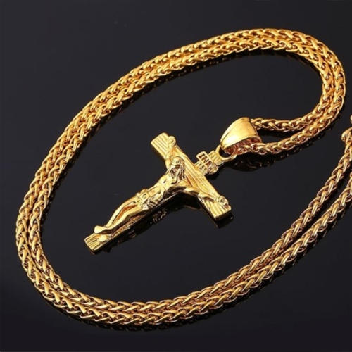 

Men Vintage Stainless Steel Cross Jesus Pendant Necklace(Flower basket chain-Gold)