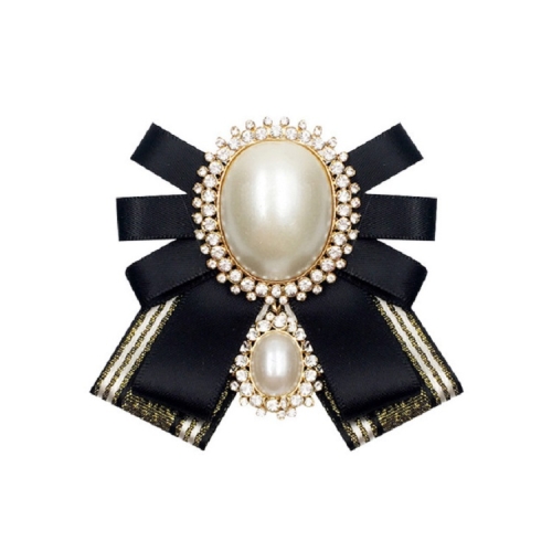 

Women Pearl Bow-knot Bow Tie Cloth Brooch Clothing Accessories, Style:Pin Buckle Version(Gold Black)