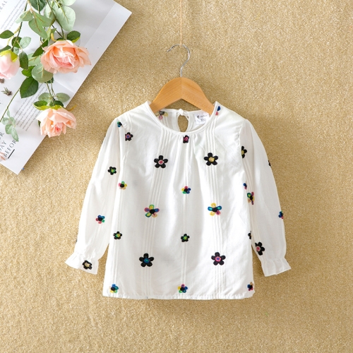 

Autumn Girls Embroidered Pattern Cotton Long Trumpet Sleeve T-Shirt, Height:80cm(White Flowe)