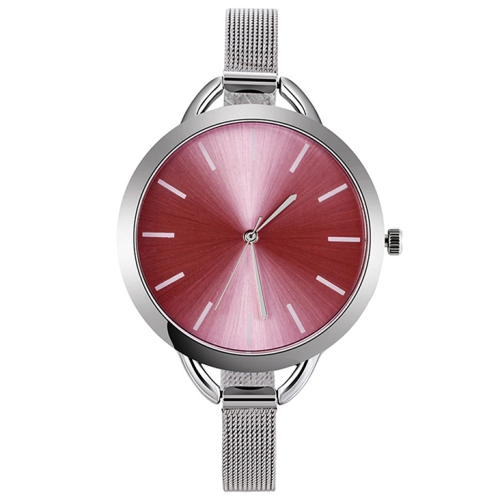 

Solid Color Large Dial Stainless Steel Slim Mesh Belt Quartz Watch for Women(Pink)