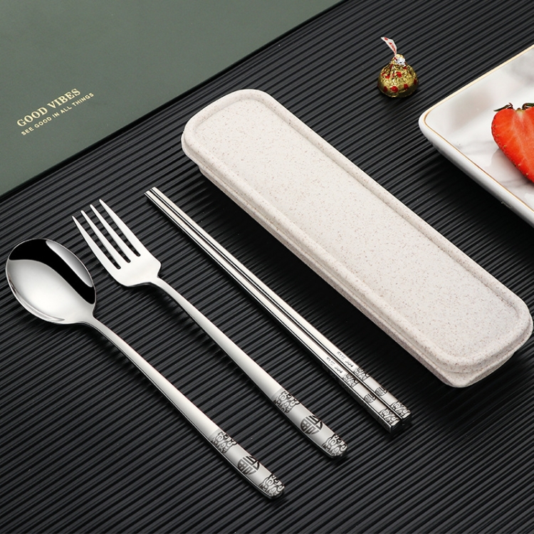 

Stainless Steel Tableware Student Office Worker Portable Tableware Set, Specification:3 PCS / Set, Color:Silver