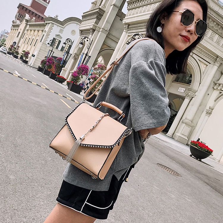 

Leather Women Backpack Tassel Shoulder Bags School Backpack(Khaki)
