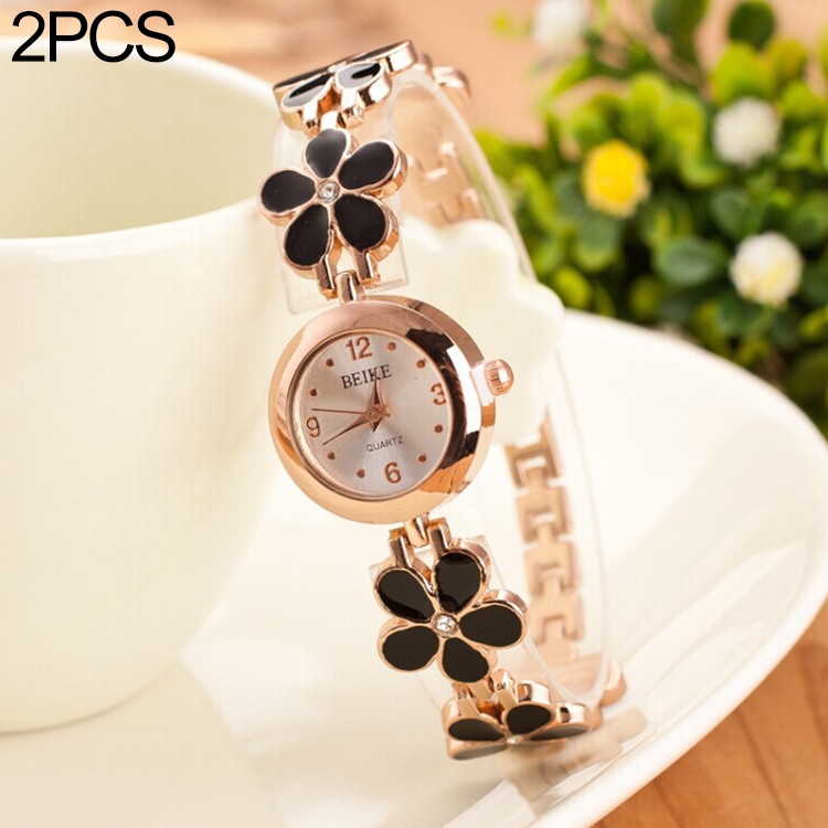 

5015 2 PCS Women Rhinestone Flower Alloy Bracelet Quartz Watch(Black)