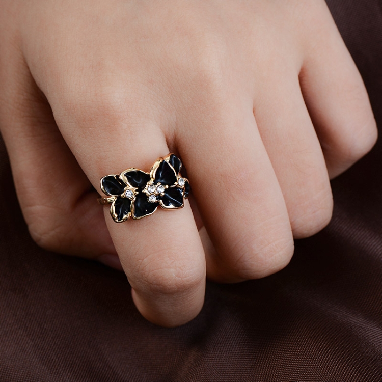 

Women Fashion Oil Painting Crystal Enamel Flower Rings(black)