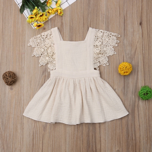 

Girls Square Collar Lace Solid Color Strap Dress, Kid Size:100cm(Apricot)