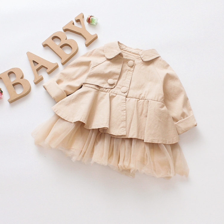 

Autumn Girls Long Sleeve Windbreaker Lace Stitching Princess Style Coat, Height:90cm(Khaki)