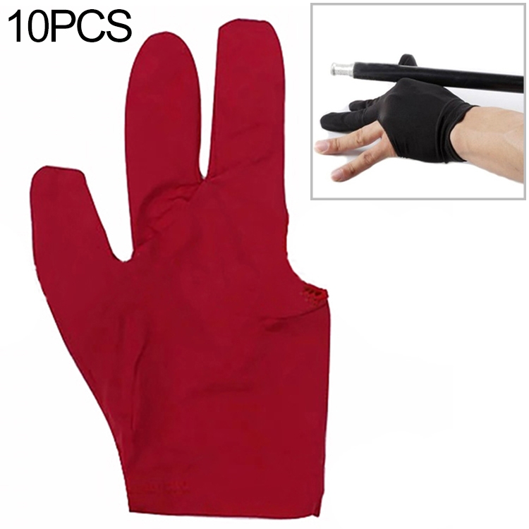 

10 PCS Spandex Snooker Billiard Cue Glove Pool Left Hand Open Three Finger Snooker Accessory(Red)