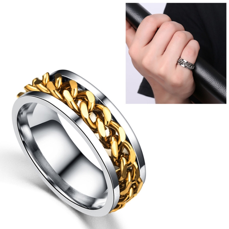 

Punk Rock Stainless Steel Rotatable Chain Rings, Ring Size:11(Gold)