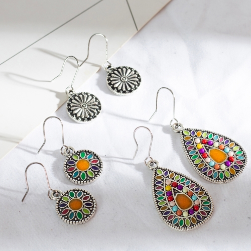 

3Pairs/Set Women Vintage Bohemian Ethnic Dangle Colour Droplet Shape Earrings