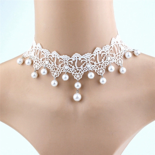 

Women Fashion Elegant Vintage Imitation Pearl White Lace Choker Necklaces Bridal Jewelry(White)