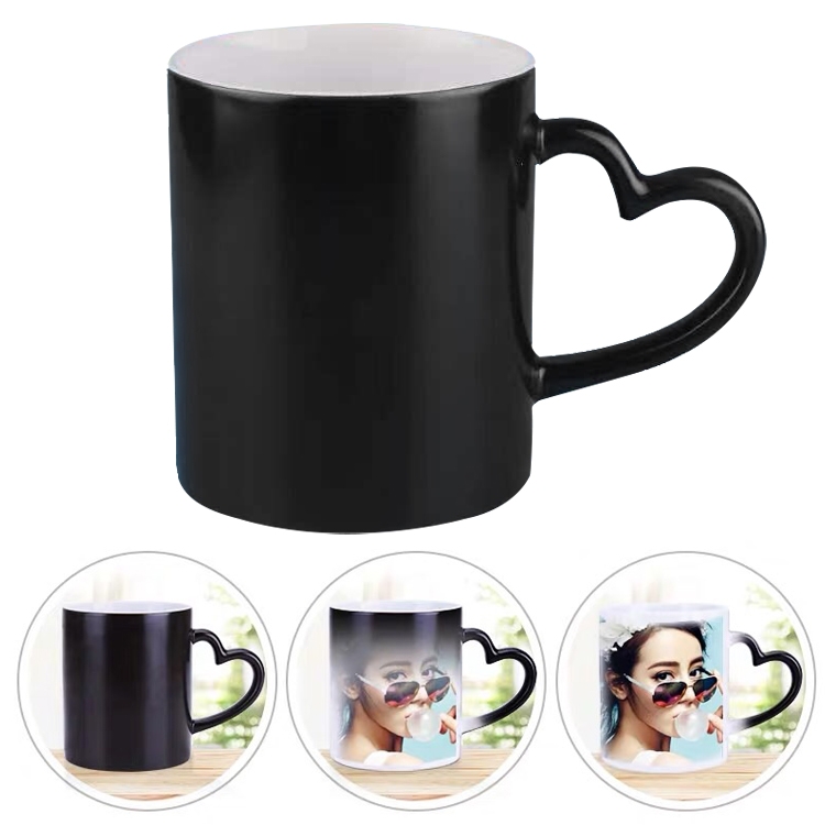 

Creative Gift Personality Thermal Transfer Magic Cup Color Change Cup Ceramic Tea Cup Black Heart Handle Scrub