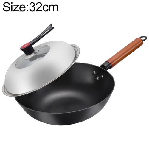 

Uncoated Household Cast Iron Wok Suitable for Induction Cooker Gas Stove, Size:32cm Earless(Single Pot+Stand Lid)