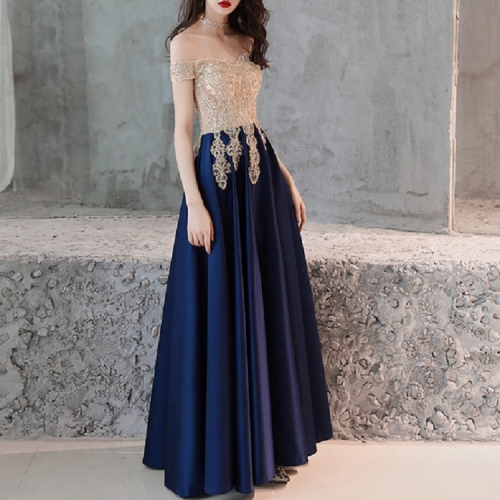 

Summer Banquet Dignified Atmosphere Long Navy Blue Annual Meeting Host Dress, Size:S(Navy Blue)