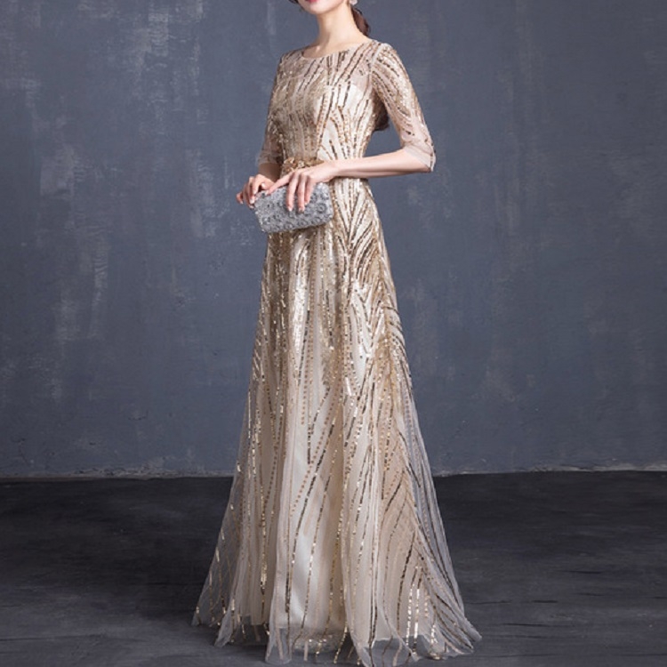 

Spring and Summer Half Sleeved Long Slim Sequins Hosted Banquet Dress, Size:XL(Champagne)