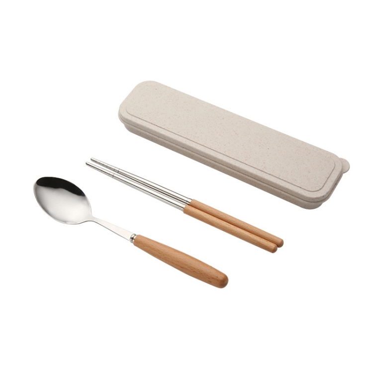 

3 in 1 Spoon Chopsticks Fork Cutlery Set Three-piece Creative Work Students Portable Tableware(Two-piece wooden spoon chopsticks)