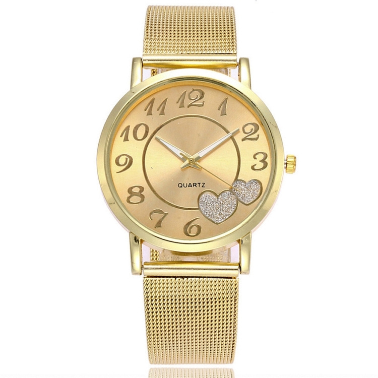 

2 PCS Golden Alloy Mesh Belt Double Heart Watch for Ladies(Gold)