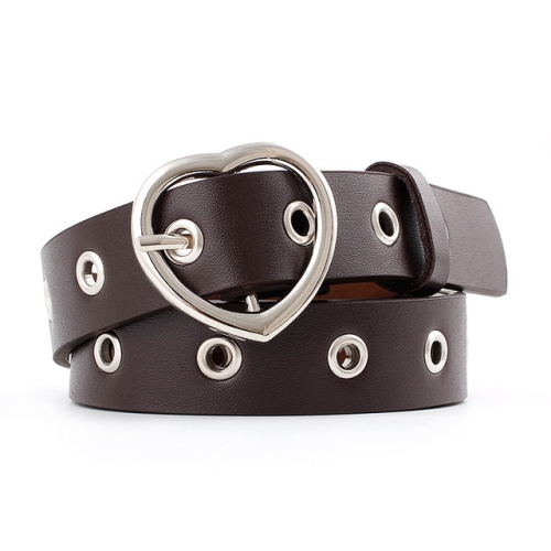 

3PCS Narrow Thin Leather Silver Metal Heart Buckle Belts for Women, Belt Length:105cm(Coffee)