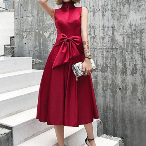 

Elegant Bow Stand Collar Long Section Banquet Ladies Evening Dress, Size:M(Red Wine)