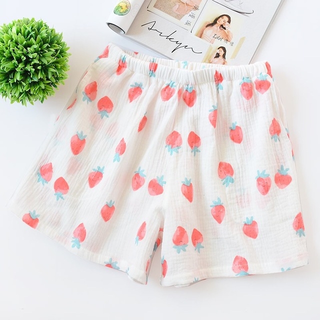 

Women Shorts Summer Cotton Gauze Pajamas Cute Strawberry Student Pants Casual Large Size Home Pants Thin, Size:XL(White)