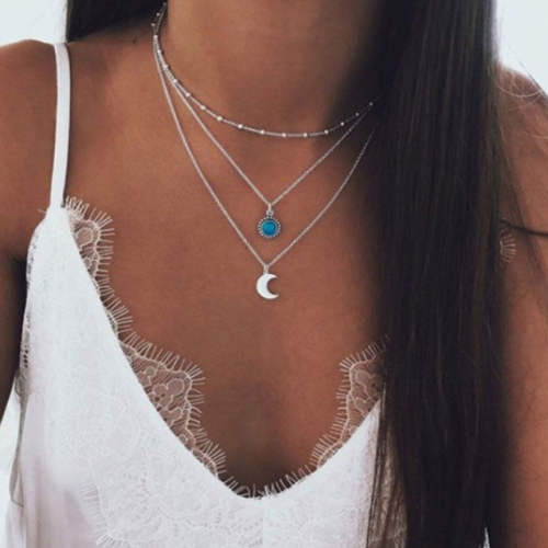 

Vintage Crescent Multilayer Necklace Female Silver Green Stone Pendant Necklace(GFF01-04)