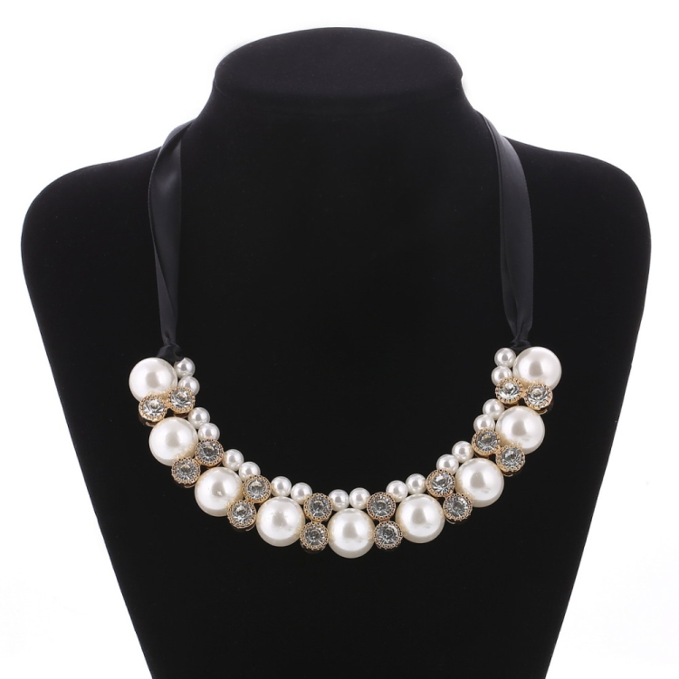 

Adjustable Black Ribbon Lace Double Row Pearl Studded Chain Necklace(white)