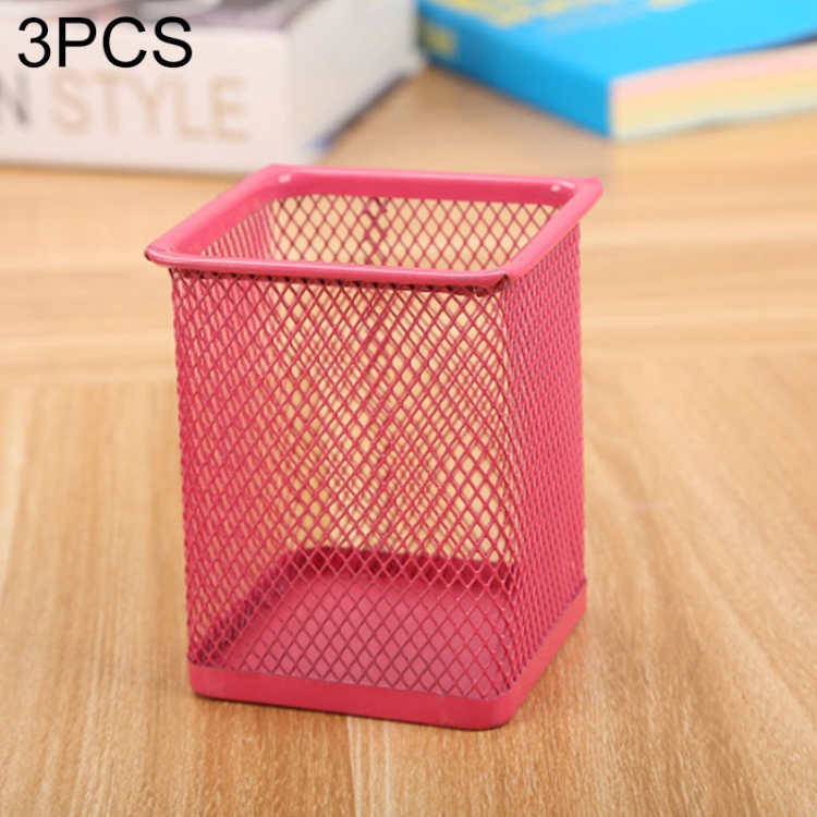 

3 PCS Pen Container Holder Mesh Style Metal Pencil Holder(Square Pink)