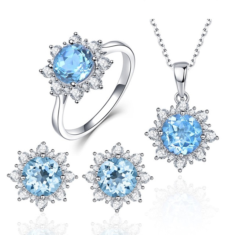 

3 PCS/Set Snow Shape Gemstone Jewelry Set For Women, Ring Size:8(Sea Blue)