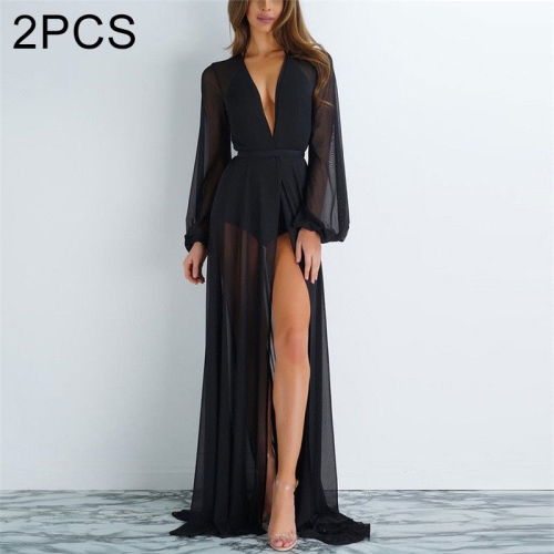 

2 PCS Women Chiffon Bikini Cover Up Tunic Split Beachwear, Size:M(Black)