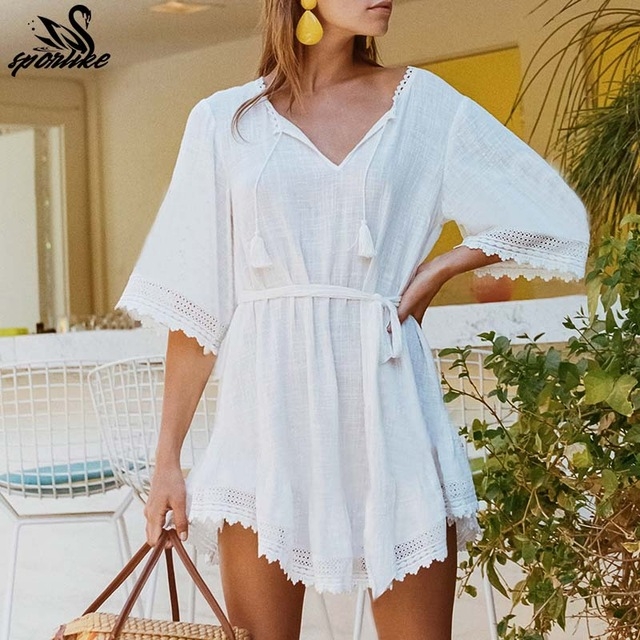 

Bikini White Beach Dress Cotton Lace Cover-ups Swimsuit, Size:One Size(White)
