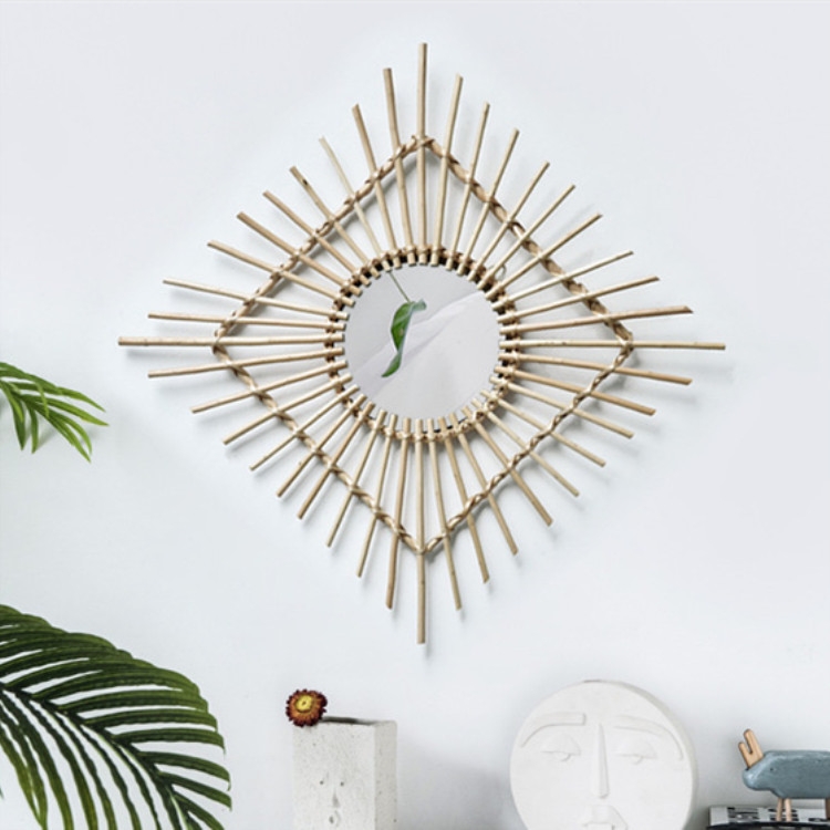 

Creative Art Decoration Round Mirror Living Room Wall Hanging Mirror, Style:Rattan decorative mirror square