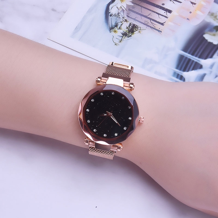 

Luxury Mesh Ladies Clock Magnet Buckle Starry Diamond Geometric Quartz Wristwatch Women Watches(Rose gold)