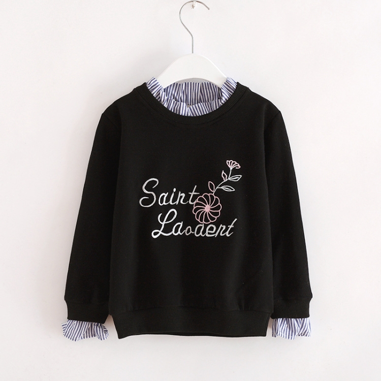 

Spring and Autumn Letters Flowers Embroidery Pattern Fake Two Pieces Girls Pullover, Height:100cm(Black)